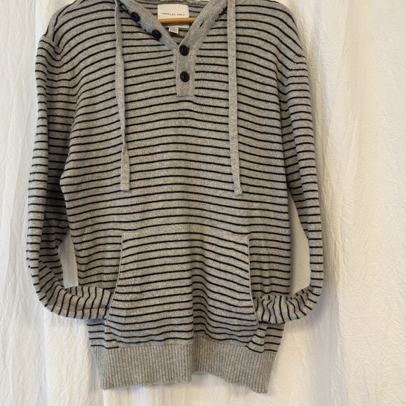American Eagle Super Soft Henley Hooded Sweater Men’s Medium Tall Striped Preppy - Picture 4 of 8